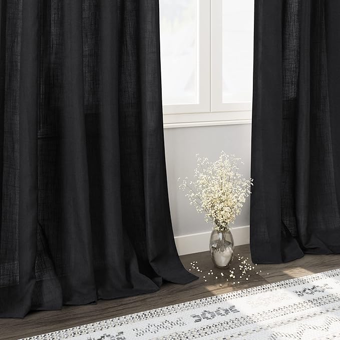 Balck Sheer Linen Curtains 94 inch Length for Bedroom Back Tab Rod Pocket Modern Farmhouse Muslin Look Cotton Textured Black Window Curtains 94 inches Long for Dining Room Living Office 2 Panels
