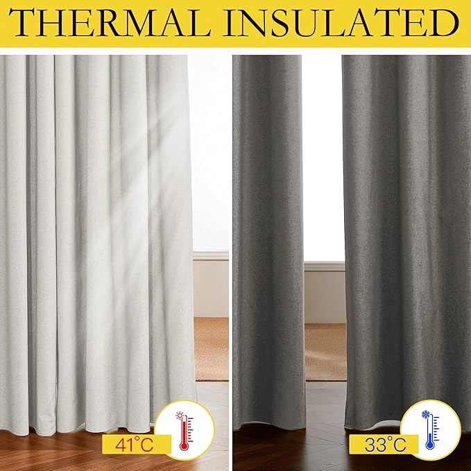 NICETOWN 100% Absolutely Blackout Linen Curtains with Thermal Insulated White Liner, Ivory, 52" W x 63" L, Set of 2, Burlap Textured Textured Linen Look Privacy Window Treatment for Kitchen