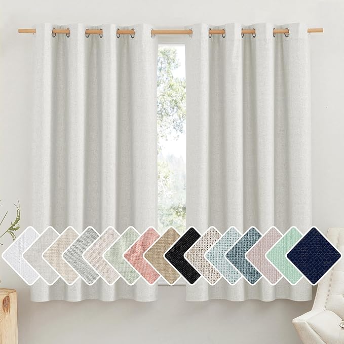 NICETOWN 100% Absolutely Blackout Linen Curtains with Thermal Insulated White Liner, Ivory, 52" W x 63" L, Set of 2, Burlap Textured Textured Linen Look Privacy Window Treatment for Kitchen