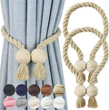 2 Pack Magnetic Curtain Tiebacks Cotton Hand Woven Tie Back Decorative Rope Holdbacks for Curtains Draperies No Tools Required, Dark Beige
