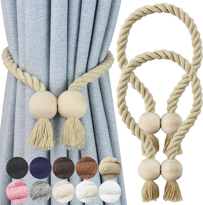 2 Pack Magnetic Curtain Tiebacks Cotton Hand Woven Tie Back Decorative Rope Holdbacks for Curtains Draperies No Tools Required, Dark Beige