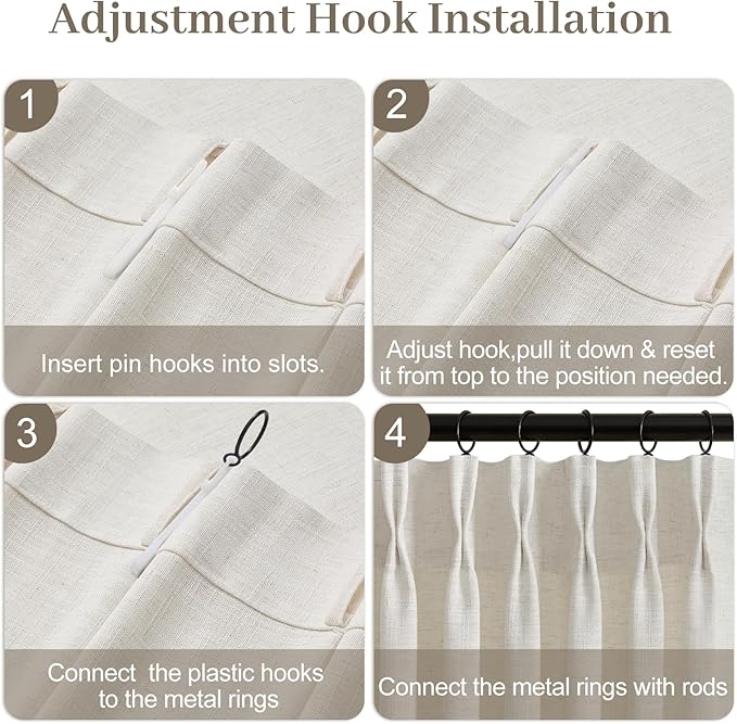 60 Inch Extra Width Pinch Pleated Curtains for Living Room, Light Filtering Modern Privacy Pleated Linen Sheer Curtain with Hooks Rings Back Tab Drapes for Sliding Door, Natural, 1 Panel, W60xL90