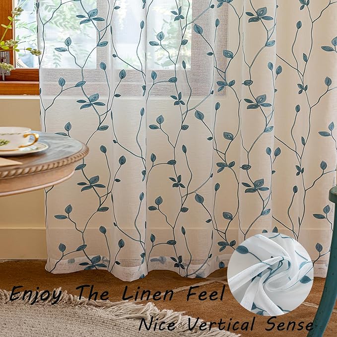 AmHoo 2 Panels Embroidered Leaf Pattern Semi Sheer Curtains Foliage Floral Voile Window Draperies Treatment for Bedroom Living Room Rod Pocket White Teal 53 x 63 Inch