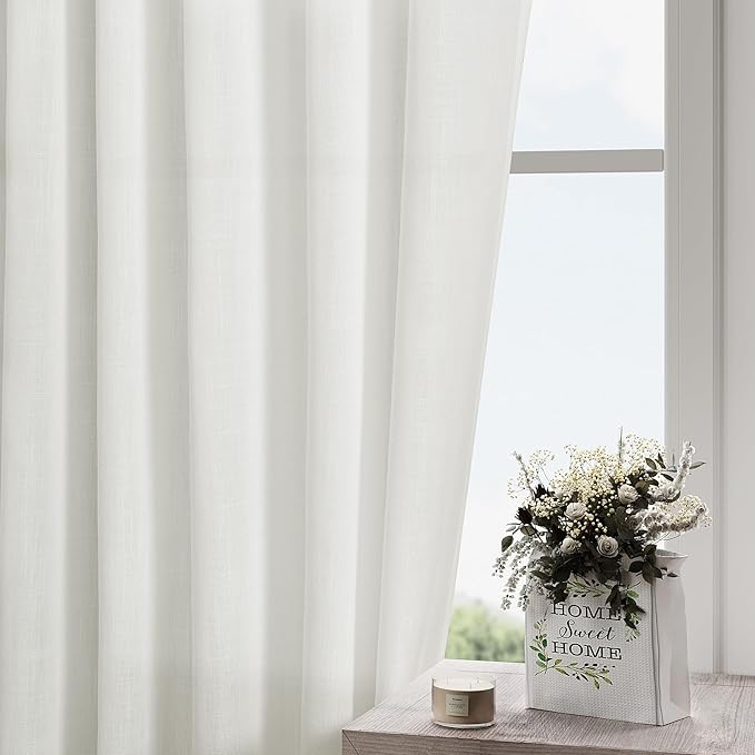2 Panels Set Ivory Linen Curtains 105 Inches Long for Living Room Extra Long Back Tab Curtains Neutral Farmhouse Light Filtering Semi Sheer Linen Drapes Ceiling to Floor for Large Window
