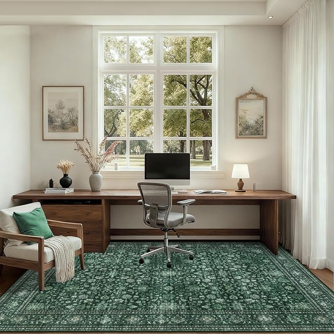 3x5 Area Rugs Living Room Rug: Washable Vintage Distressed Floral Rug No Slip Stain Resistant Soft Carpet Indoor Large Carpets for Bedroom Dining Room Farmhouse Nursery Home Office Deep Green