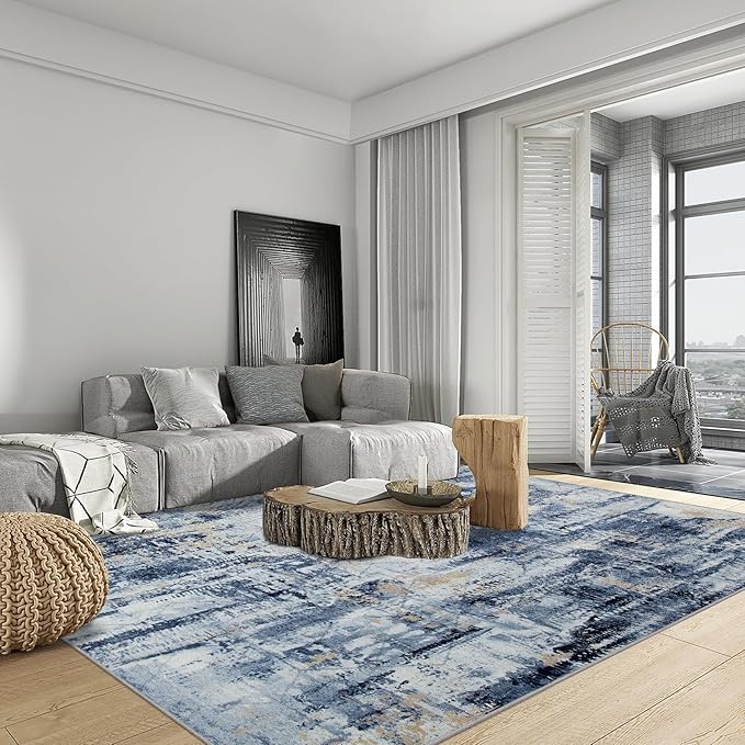 5x7 Area Rugs Washable Rug: Modern Abstract Living Room Rug Soft Anti-Skid Thin Carpet Indoor Floor Non-Shedding Carpets for Bedroom Dining Room Farmhouse Nursery Home Office - Blue Gold