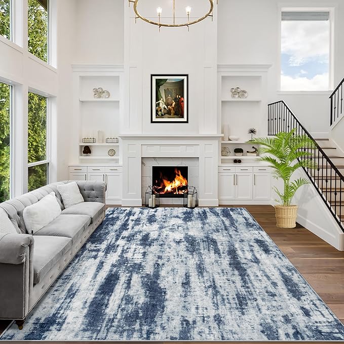 8x10 Area Rugs Washable Rug: Modern Abstract Living Room Rug Soft Anti-Skid Thin Carpet Indoor Floor Non-Shedding Carpets for Bedroom Dining Room Farmhouse Nursery Home Office Blue Grey