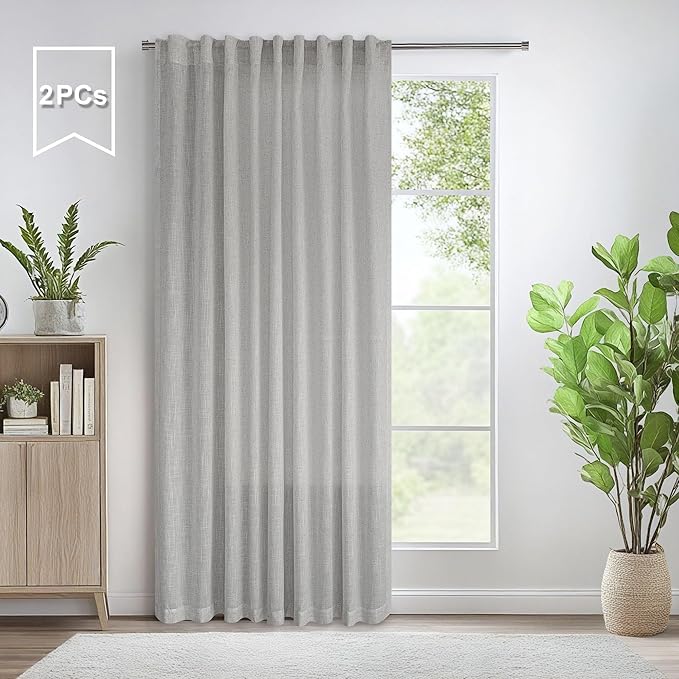 60 Inch Wide Curtains Grey for Living Room 2 Panels Set Back Tab Pocket Drape Semi Sheer Burlap Linen Extra Large Boho Farmhouse Light Gray Curtain for Bedroom Neutral Earth Width 5 x 9 FT Long 60x108