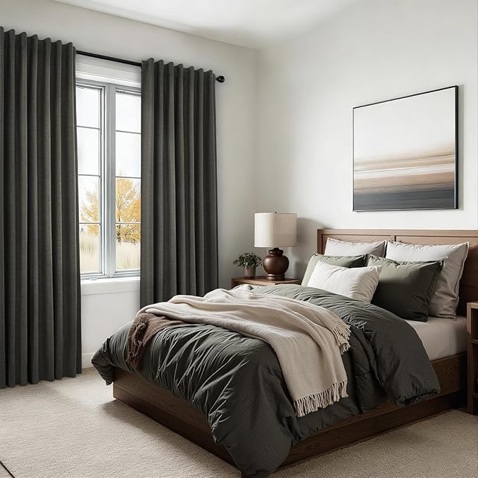 102 Inch Long Charcoal Gray Blackout Curtains for Bedroom 2 Panels Set Modern Natural Linen Back Tab Pleated Floor to Ceiling Thermal Drapes Hooks Rings 102 In Window Drapes 100% Black Out Linen