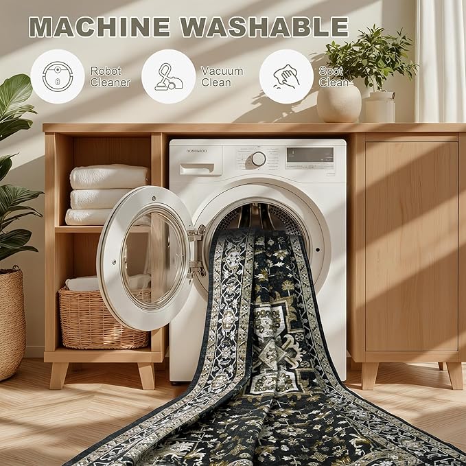 4x6 Area Rugs for Living Room: Washable Rug Soft Vintage Boho Medallion Carpet Indoor Non-Slip Stain Resistant Large Carpets for Bedroom Dining Room Farmhouse Nursery Home Office Black Gold
