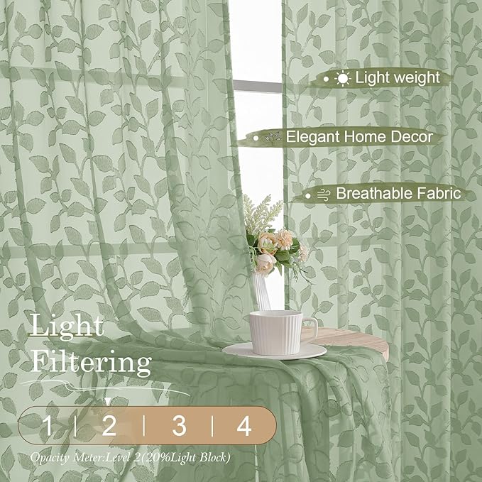 Chyhomenyc Sage Green Sheer Curtains 30 Inch Length, Light Filtering Leaf Tufted Textured Small Window Kitchen Curtain Over Sink, Short Half Window Curtains for Bathroom Basement, 30"Wx30"L, 2 Panels