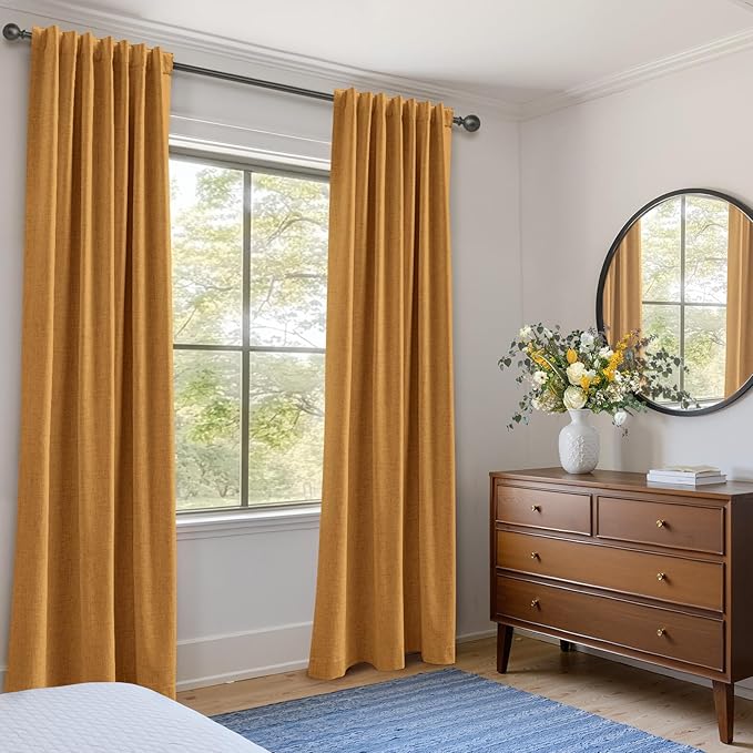 100% Blackout Shield Linen Blackout Curtains for Bedroom 84 Inches Long,Back Tab/Rod Pocket Living Room Drapes,Thermal Insulated Textured Blackout Curtains 2 Panels Set,50" W x 84" L,Mustard Yellow