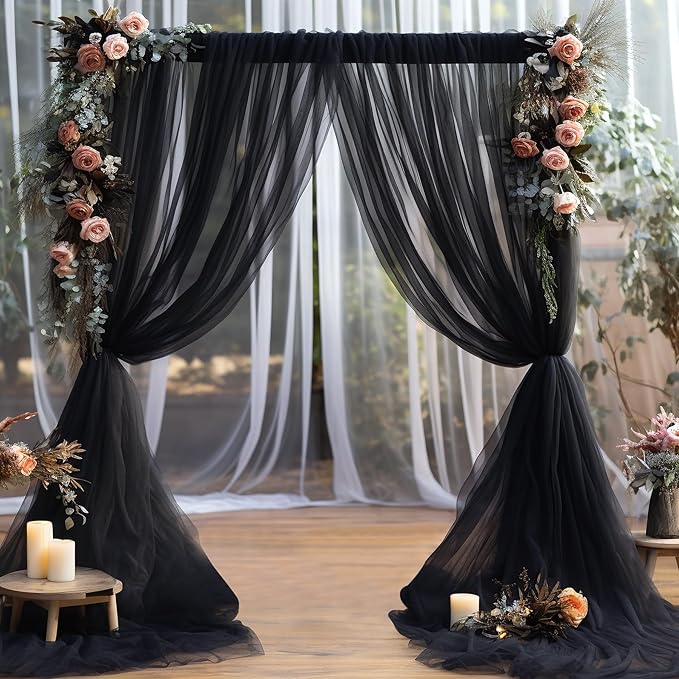 10ft x 12ft Black Tulle Backdrop Curtain for Parties Sheer Fabric Backdrop Curtains for Birthday Party Baby Shower Graduation Back Drop Wedding Photo Backdrop Drapes Background 2 Panels 5ft x 12ft