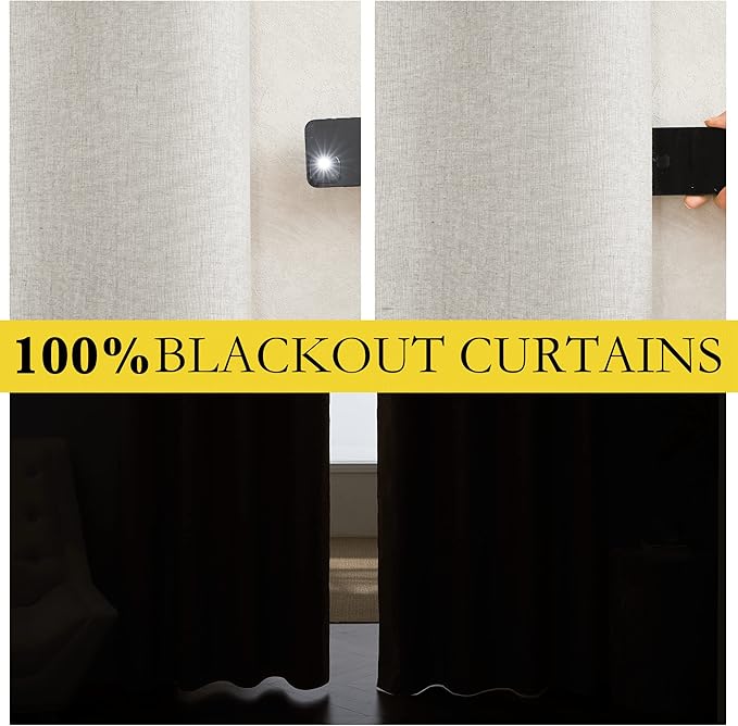 NICETOWN 100% Absolutely Blackout Linen Curtains with Thermal Insulated White Liner, Ivory, 52" W x 63" L, Set of 2, Burlap Textured Textured Linen Look Privacy Window Treatment for Kitchen