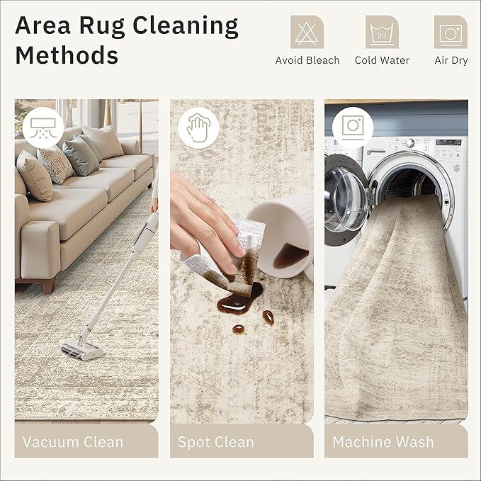 12x15 Washable Area Rug Beige Neutral Abstract Living Room Large Carpet Non Slip Bedroom Indoor Office Dining Room Low Pile Thin Rug
