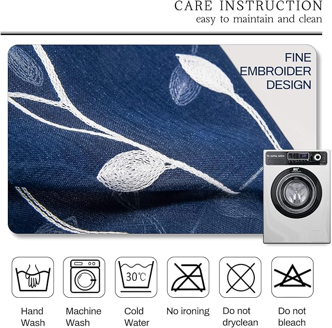 AmHoo 2 Panels Embroidered Leaf Pattern Semi Sheer Curtains Foliage Floral Voile Window Draperies Treatment for Bedroom Living Room Rod Pocket Navy Blue 53 x 63 Inch
