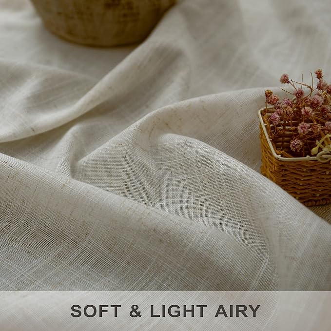 Beige Curtains 63 Inch Length for Bedroom Set of 2 Panels Back Tab Rod Pocket Sheer Linen Light Filter Neutral Rustic Farmhouse Curtains for Dining Room Bay Picture Window Country Decor 52x63 Long Tan