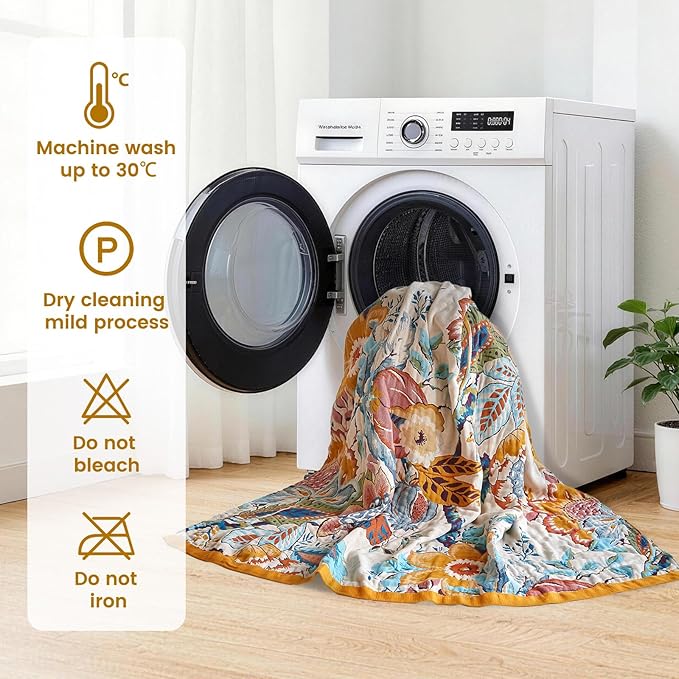MSGKV Boho Throw Blanket 90"x108" Floral Cotton Blanket for Bed Spring Breathable Lightweight Farmhouse King Blankets Home Decor Muslin All Seasons