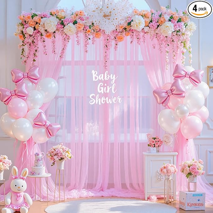 20ft x 15ft Pink Tulle Backdrop Curtain for Baby Shower Party Sheer Fabric Backdrop Curtains for Girls Birthday Gender Reveal Back Drop Wedding Photo Backdrop Drapes Background 4 Panels 5ft x 15ft