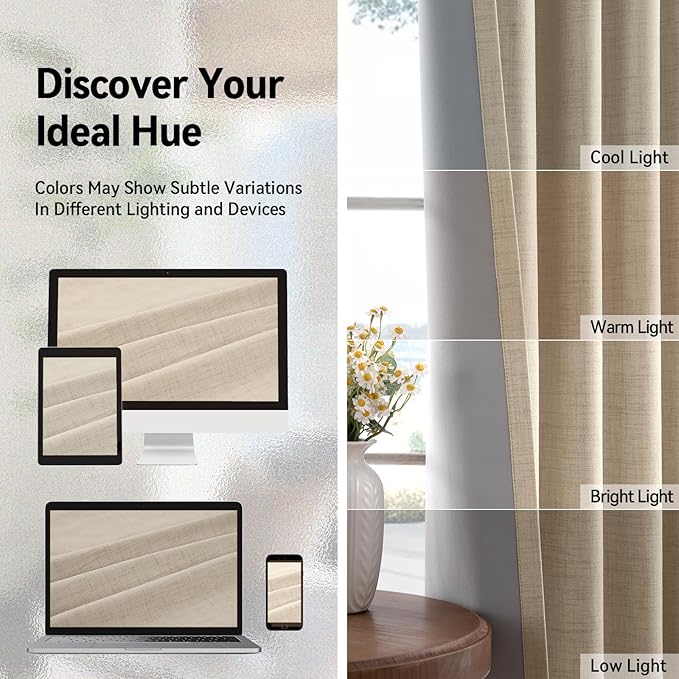 100% Blackout Shield Linen Blackout Curtains for Bedroom, Natural Flax Grommet Curtains for Living Room, Thermal Insulated Room Darkening Drapes for Nursery, Boho Home Decor, 50" W x 96" L, 2 Panels