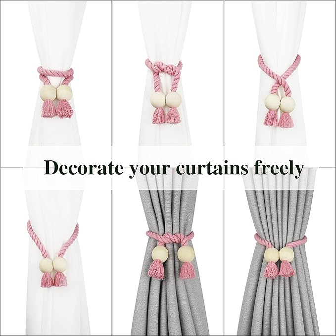 4 Pack Magnetic Curtain Tiebacks Cotton Hand Woven Tie Back Decorative Rope Holdbacks for Curtains Draperies No Tools Required, Pink