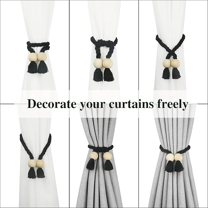 2 Pack Magnetic Curtain Tiebacks Cotton Hand Woven Tie Back Decorative Rope Holdbacks for Curtains Draperies No Tools Required, Black