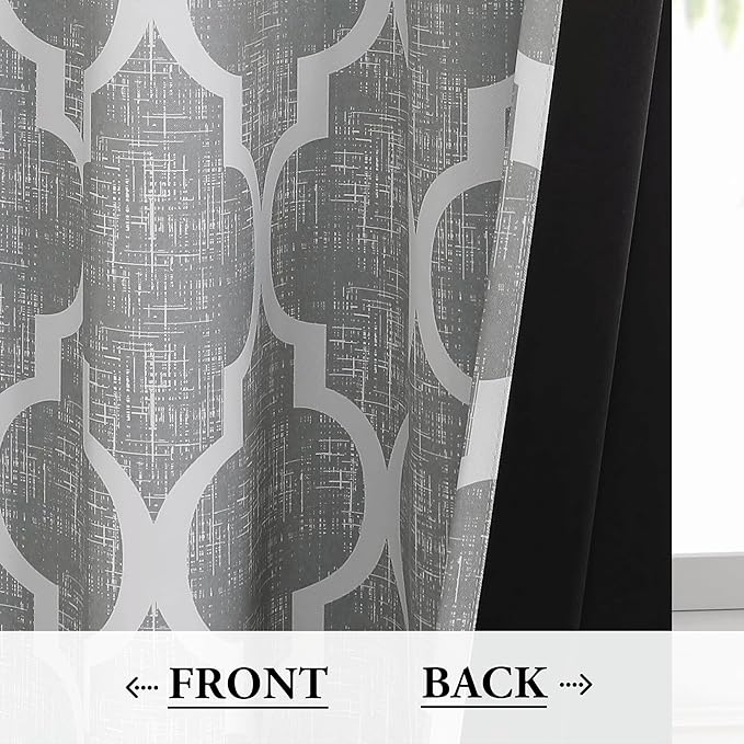 Beauoop 100% Blackout Curtains 72 Inches Long 2 Panels for Bedroom Living Room Grey Moroccan Geo Room Darkening Thermal Insulated Soundproof Grommet Top Window Treatments Drapes, 50x72 Set of 2