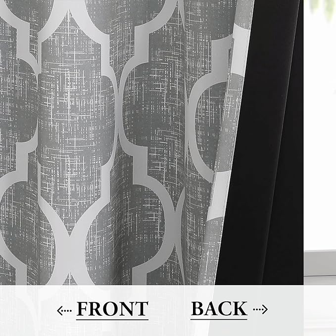 Beauoop 100% Blackout Curtains 54 Inches Long 2 Panels for Bedroom Living Room Grey Moroccan Geo Room Darkening Thermal Insulated Soundproof Grommet Top Window Treatments Drapes, 50x54 Set of 2