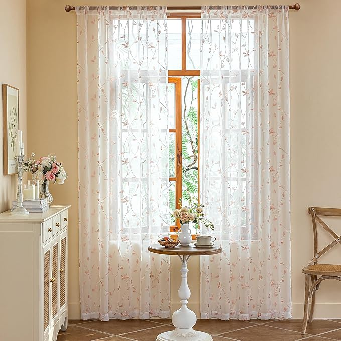 AmHoo 2 Panels Embroidered Leaf Pattern Semi Sheer Curtains Foliage Floral Voile Window Draperies Treatment for Bedroom Living Room Rod Pocket White Pink 53 x 84 Inch