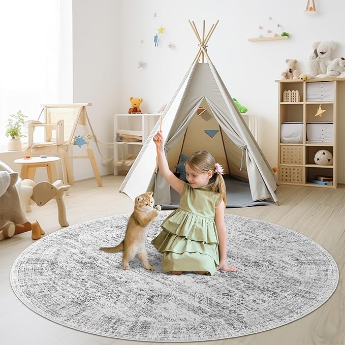 6x6 Grey Round Rug 6ft Living Room Circle Rug Gray Vintage Round Area Rug Non Slip Indoor Carpet for Dining Room Bedroom