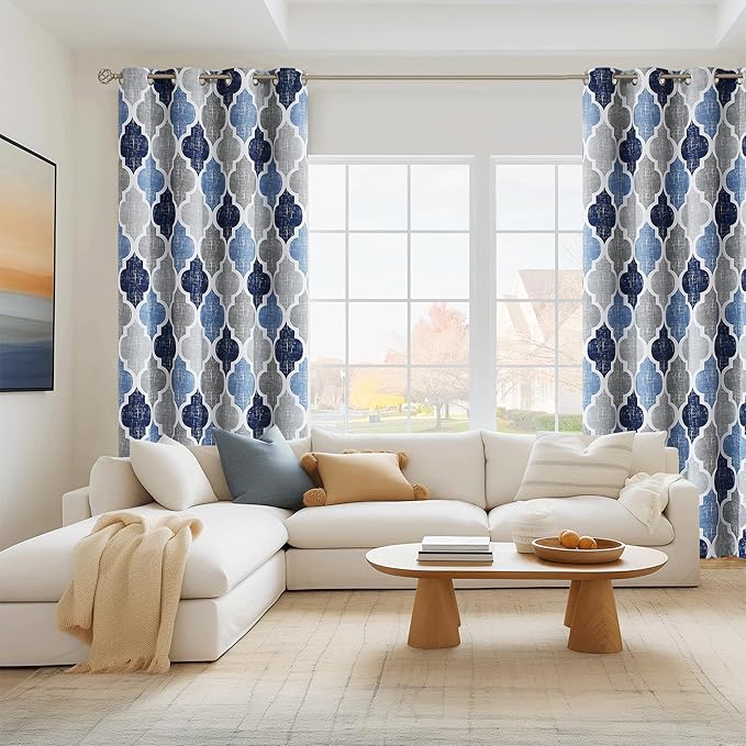 Beauoop 100% Blackout Curtains 54 Inches Long 2 Panels for Bedroom Living Room Blue Grey Moroccan Geo Room Darkening Thermal Insulated Soundproof Grommet Top Window Treatments Drapes, 50x54 Set of 2