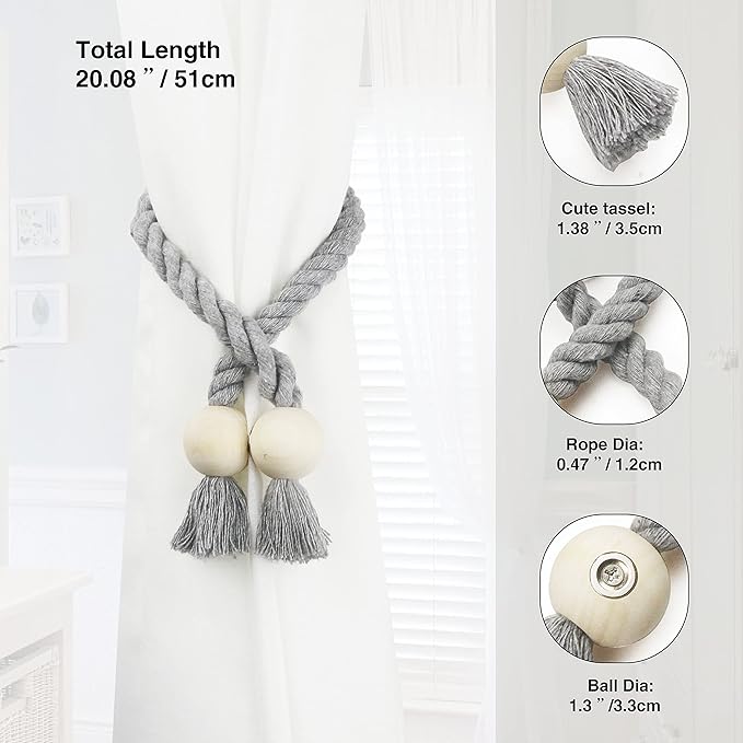 4 Pack Magnetic Curtain Tiebacks Cotton Hand Woven Tie Back Decorative Rope Holdbacks for Curtains Draperies No Tools Required, Grey
