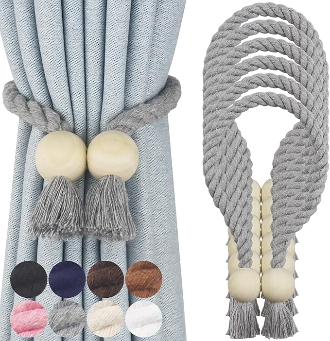 6 Pack Magnetic Curtain Tiebacks Cotton Hand Woven Tie Back Decorative Rope Holdbacks for Curtains Draperies No Tools Required, Light Grey