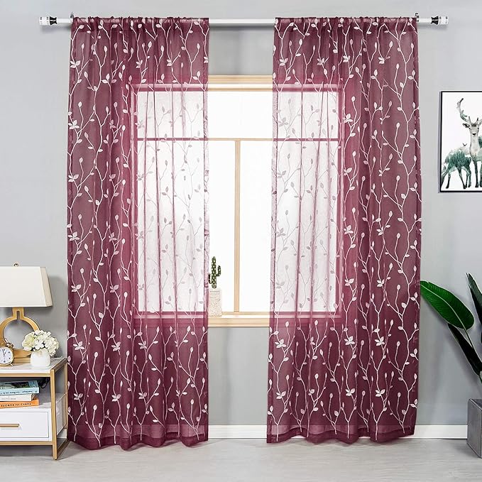 AmHoo 2 Panels Embroidered Leaf Pattern Semi Sheer Curtains Foliage Floral Voile Window Draperies Treatment for Bedroom Living Room Rod Pocket Burgundy Red 53 x 84 Inch