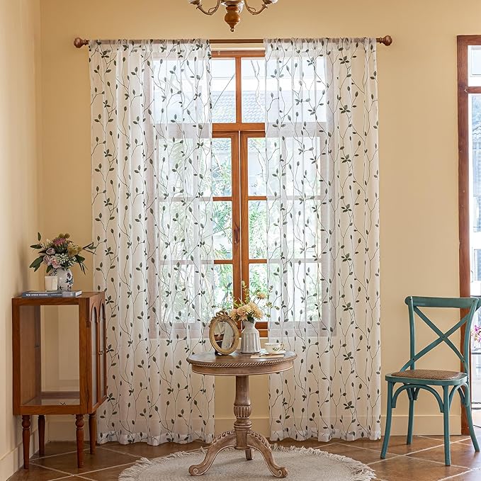 AmHoo 2 Panels Embroidered Leaf Pattern Semi Sheer Curtains Foliage Floral Voile Window Draperies Treatment for Bedroom Living Room Rod Pocket White Sage Green 53 x 63 Inch