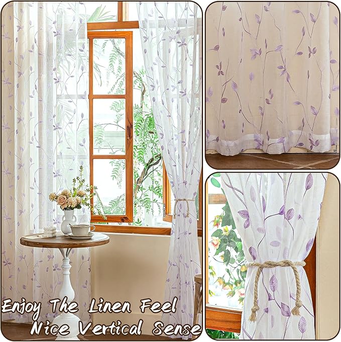 AmHoo 2 Panels Embroidered Leaf Pattern Semi Sheer Curtains Foliage Floral Voile Window Draperies Treatment for Bedroom Living Room Rod Pocket White Lavender Purple 53 x 84 Inch