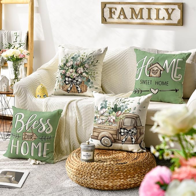 AVOIN colorlife Bless Our Home Farmhouse Eucalyptus Leaves Throw Pillow Covers, 20 x 20 Inch Green Truck Home Sweet Cushion Case Decorations Set of 4