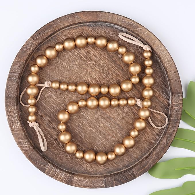 2 Pieces Wood Bead Curtain Tieback Boho Curtain Tiebacks Curtain Holdbacks for Wall Curtain Ties Window Treatment Curtain Tie Backs with Hooks Curtain Pull Backs (Gold,2)