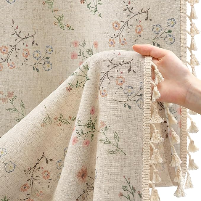 Boho Floral Spring Light Filtering Curtains 63 Inch Length 2 Panels Set, Farmhouse Semi Sheer Bedroom Living Room Vintage