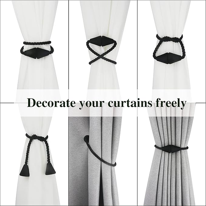 2 Pack Magnetic Curtain Tiebacks Rope Modern Handmade Curtain Tie Backs Decorative Drapes Weave Holdbacks for Window Décor, Black