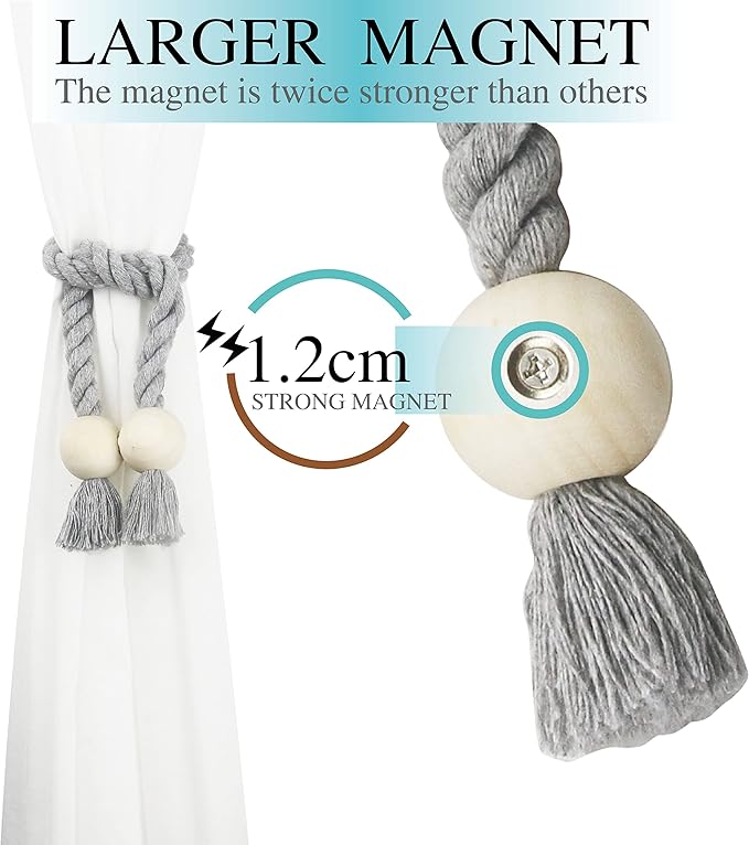 2 Pack Magnetic Curtain Tiebacks Cotton Hand Woven Tie Back Decorative Rope Holdbacks for Curtains Draperies No Tools Required, Grey