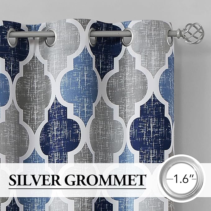 Beauoop 100% Blackout Curtains 108 Inches Long 2 Panels for Bedroom Living Room Blue Grey Moroccan Geo Room Darkening Thermal Insulated Soundproof Grommet Top Window Treatments Drapes, 50x108 Set of 2