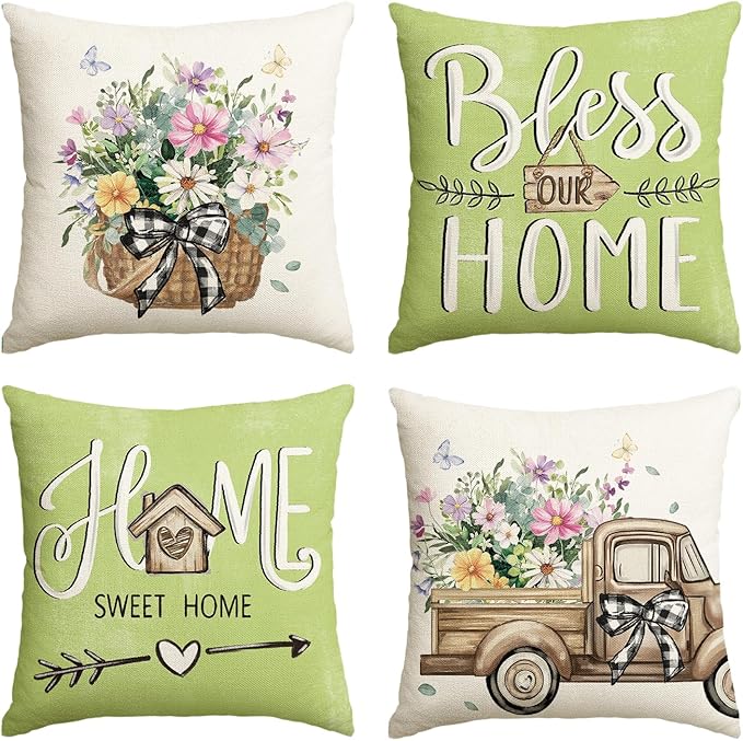 AVOIN colorlife Bless Our Home Eucalyptus Leaves Throw Pillow Covers, 20 x 20 Inch Spring Summer Truck Cushion Case for Home Sofa Couch Set of 4