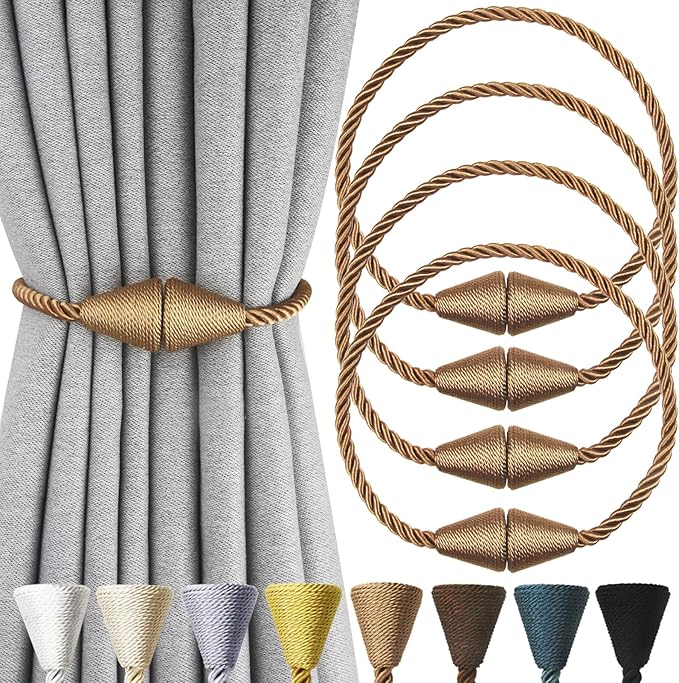 4 Pack Magnetic Curtain Tiebacks Rope Modern Handmade Curtain Tie Backs Decorative Drapes Weave Holdbacks for Window Décor, Khaki