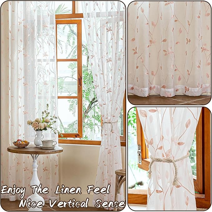 AmHoo 2 Panels Embroidered Leaf Pattern Semi Sheer Curtains Foliage Floral Voile Window Draperies Treatment for Bedroom Living Room Rod Pocket White Pink 53 x 95 Inch