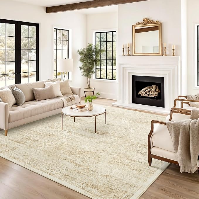 6x9 Area Rug for Living Room Floral Washable Non-Slip Modern Rugs for Bedroom Dinning Room Ultra-Thin Indoor Beige
