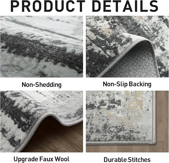 6x9 Area Rugs Washable Rug: Large Modern Abstract Living Room Rug Soft Anti-Skid Thin Carpet Indoor Floor Non-Shedding Carpets for Bedroom Dining Room Farmhouse Nursery Home Office Black Grey Gold