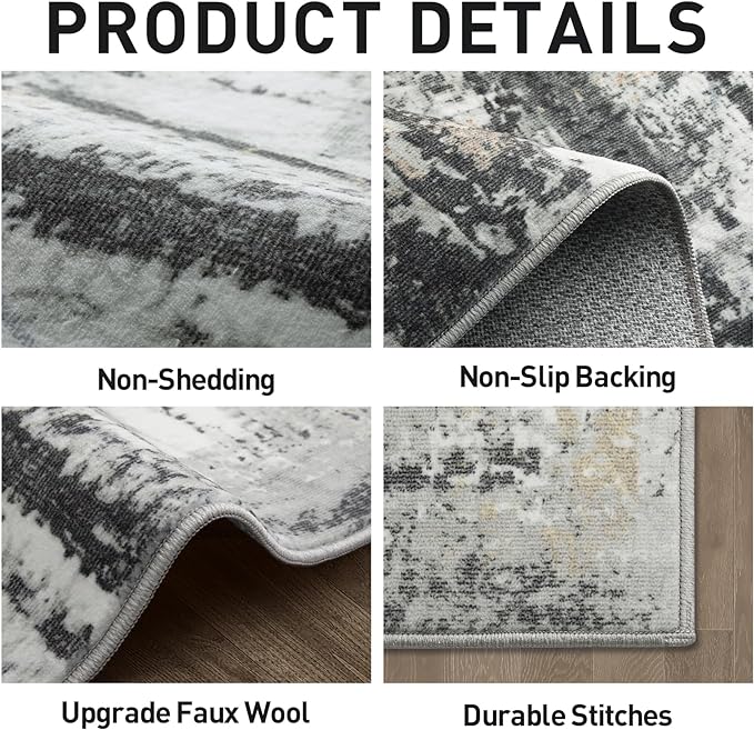 9x12 Area Rugs Washable Rug: Modern Abstract Living Room Rug Soft Anti-Skid Thin Carpet Indoor Floor Non-Shedding Carpets for Bedroom Dining Room Farmhouse Nursery Home Office Black Grey Gold