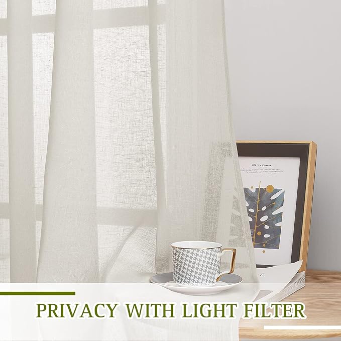 NICETOWN Semi Sheer Linen Curtains 54 inch Long for Bedroom, Decorative Flax Linen Blend Drapes Privacy with Light Filtering for Kitchen/Cafe/Bathroom, Natural, W52 x L54, 2 Panels