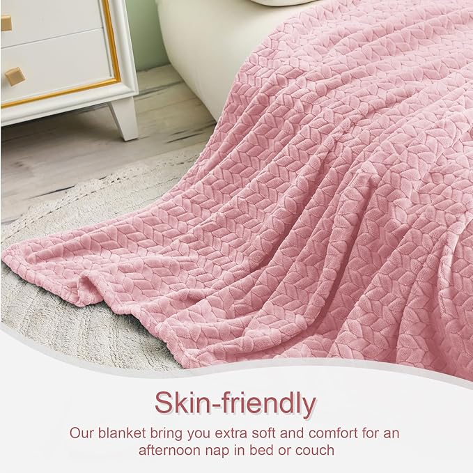 Exclusivo Mezcla Fleece Twin Size Blanket for Bed, 90x66 Inches Soft Cozy Jacquard Flannel Blankets, Lightweight Fuzzy Plush Warm for Women, Pink